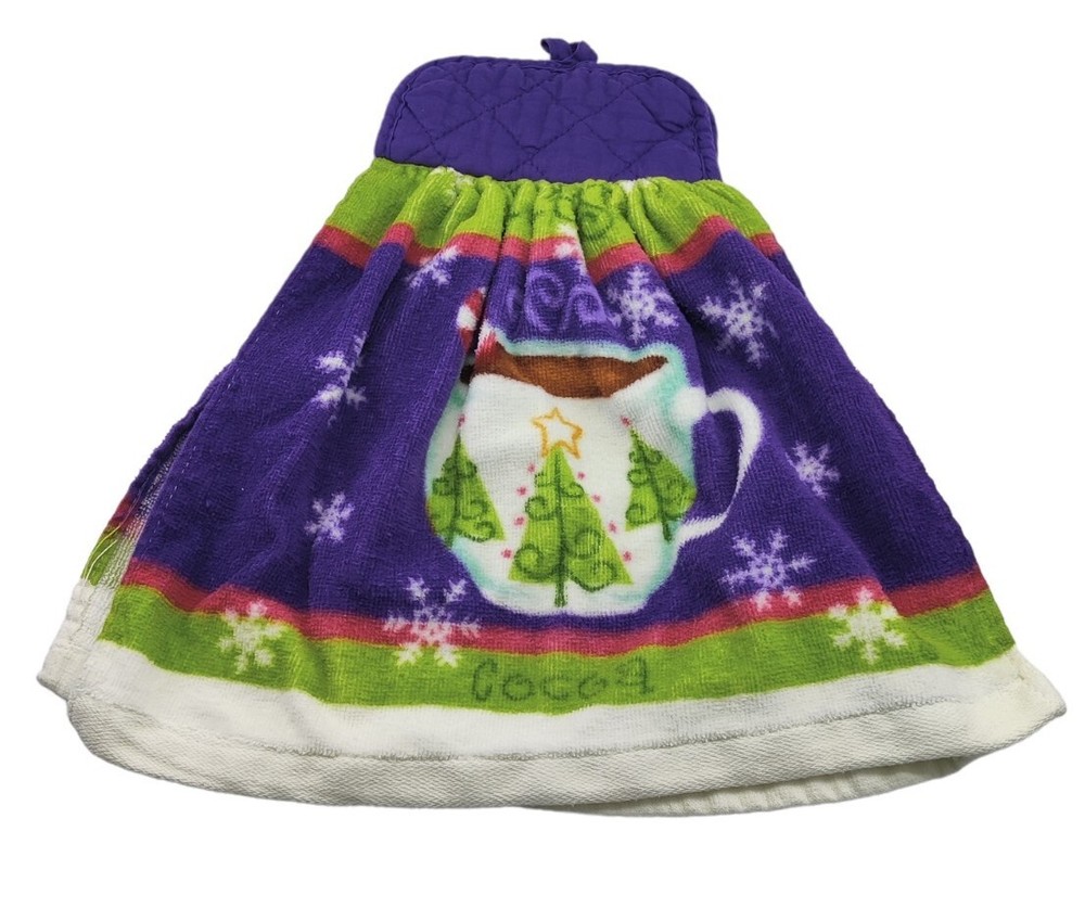 Double Layer Hanging Kitchen Towel Button Top Cocoa Christmas Winter Snow