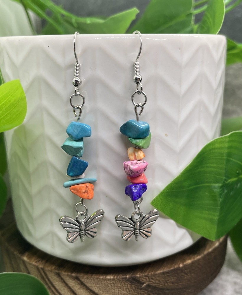 2.25” Earring Set Silver-tone Boho Stone Chips Dangle Drop New Butterfly  B7326