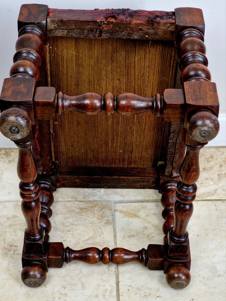 Antique Farmhouse Rustic Turned Wood &Leather Stool