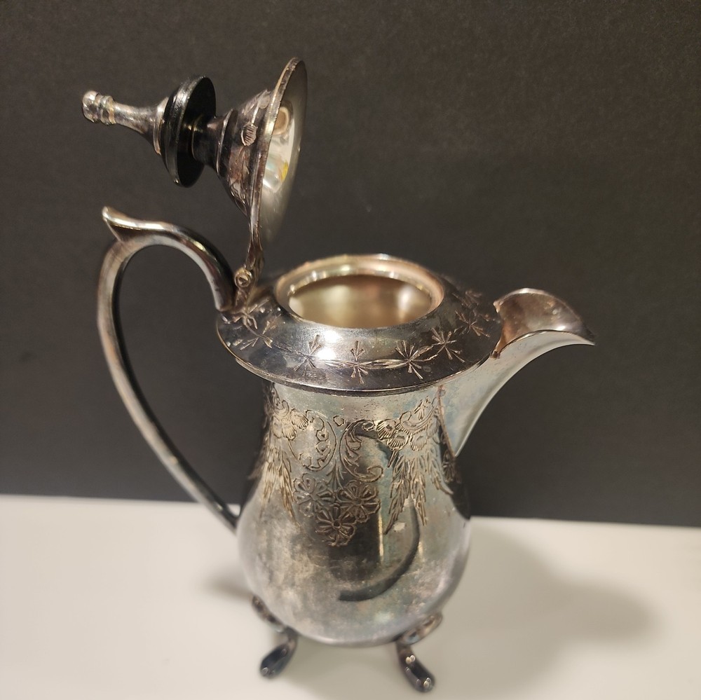 Silverplate Creamer Etched Floral Pattern, Footed, Hinged Lid Marked EPNS USA