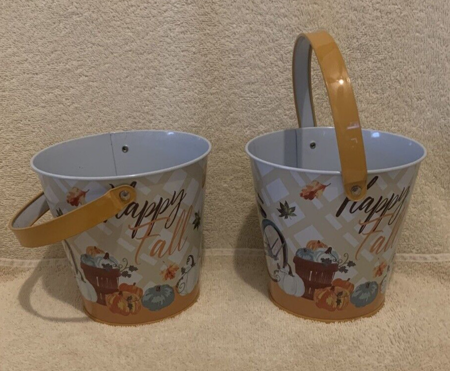 2 Pc Greenbrier HAPPY FALL Tin Candy Pail 5x5 - EUC