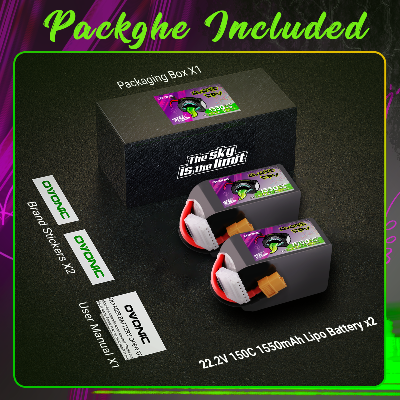 2ps OVONIC 22.2V 150C 1550mAh 6S Lipo Battery XT60 For FPV RC Drone Quad iFlight