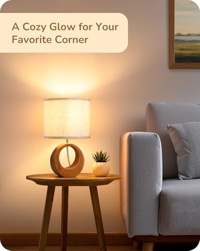 13.4" Small Table Lamp, Wood Nightstand Lamp with Beige Linen Mid Century