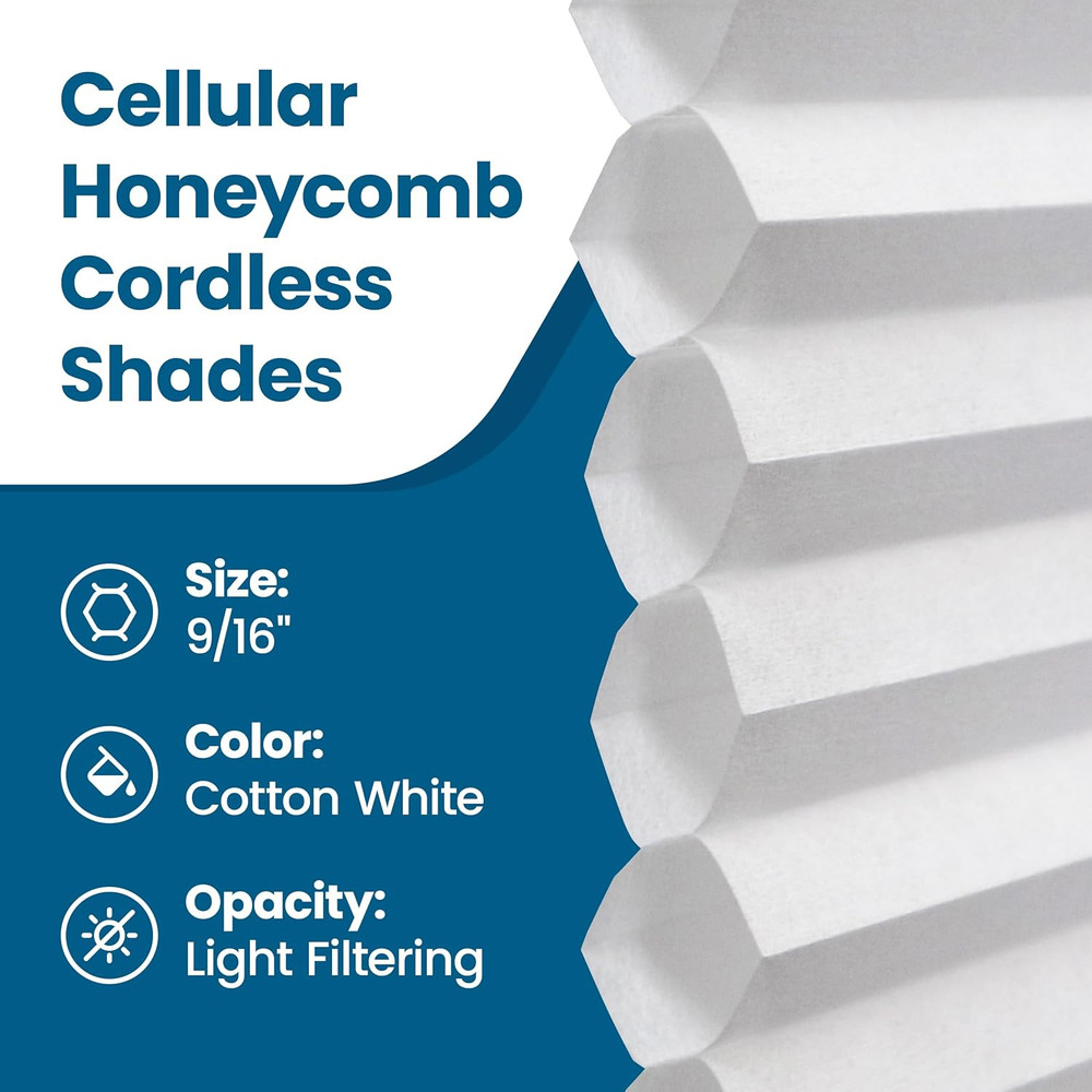Cellular Honeycomb Cordless Polyester Shade, 9/16" Single Cell, Light Filtering,