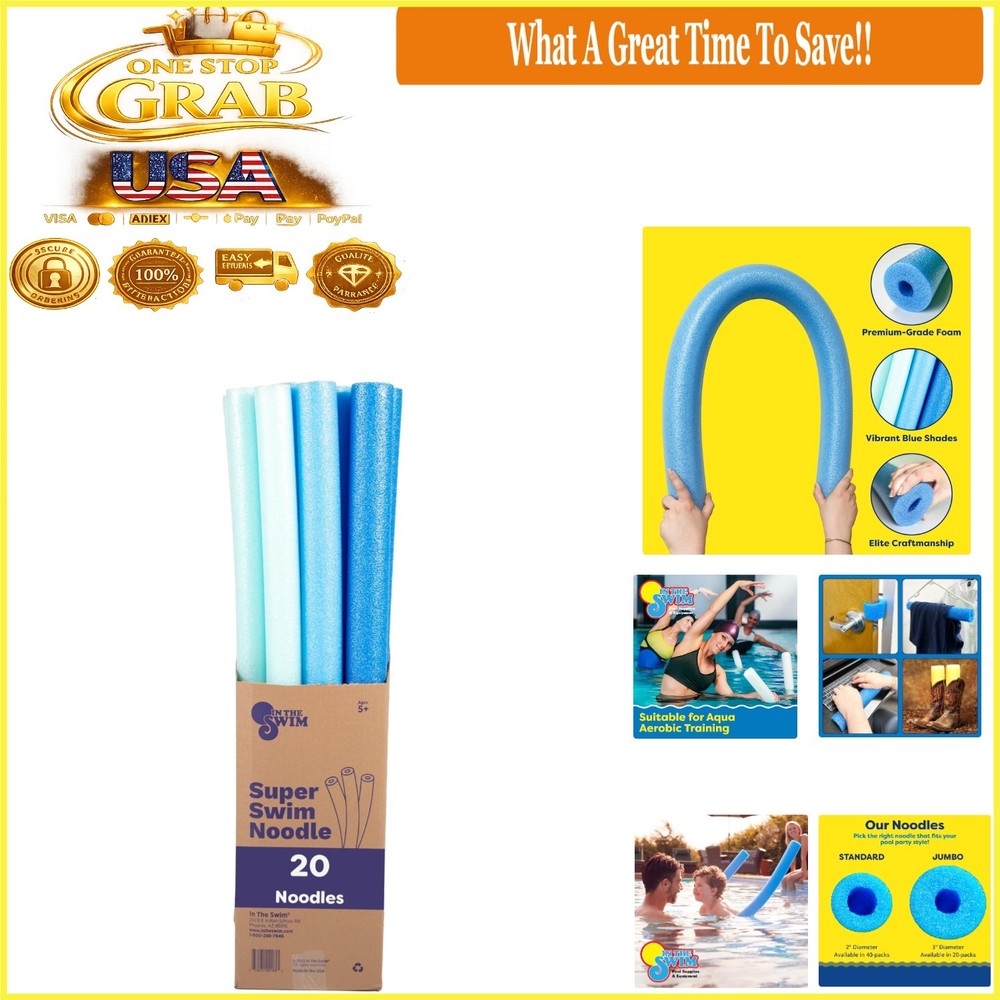 Pool Noodles 20 Pack Soft Foam Floatation Devices for Swimming & Exercise Blue