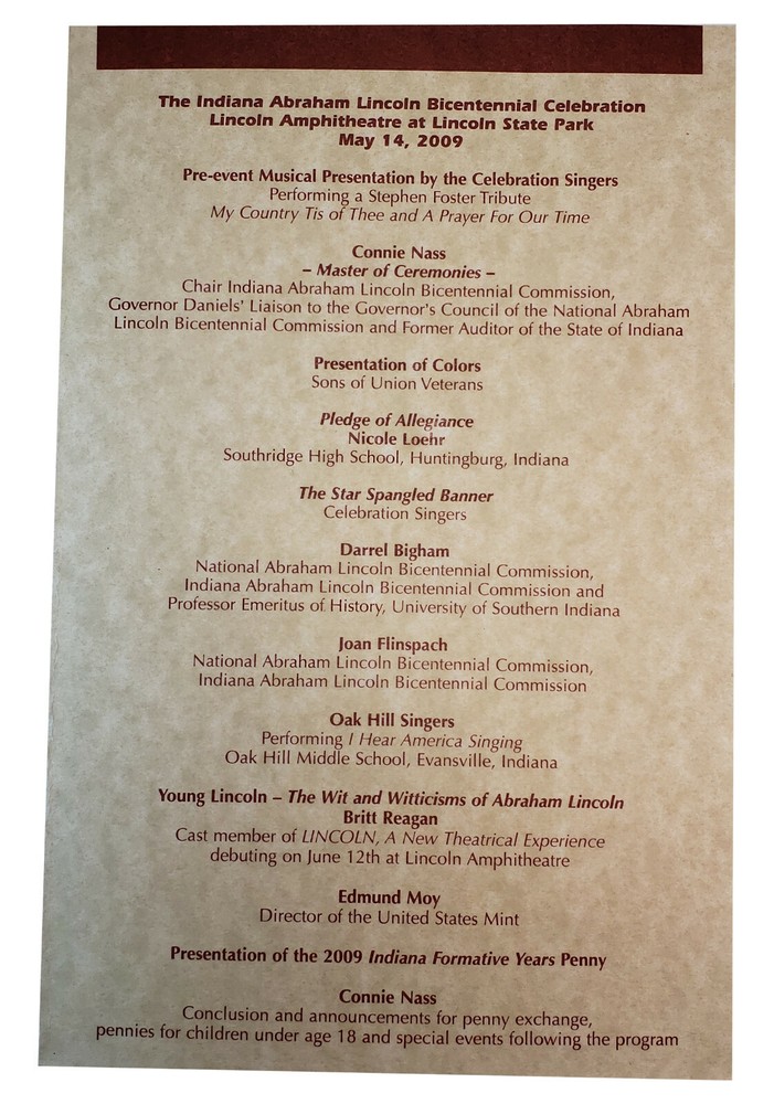 2009 Lincoln Formative Years Launch Ceremony / One Cent Unveiling Program