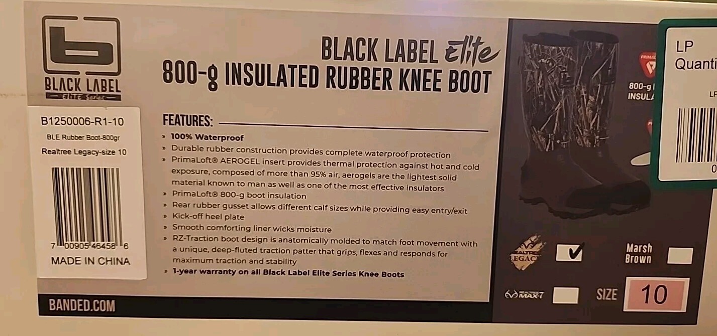 Banded Black Label Elite Rubber Boots 800 Gram Size 10 Realtree