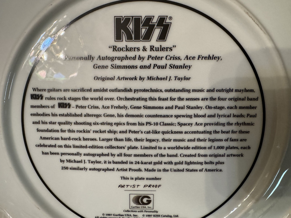 KISS ORIGINAL MEMBERS (PAUL, GENE, PETER, ACE) 1997 GARTLAN SIGNED PLATE A/P (B)