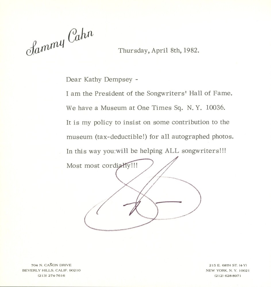 Sammy Cahn Signed Letter