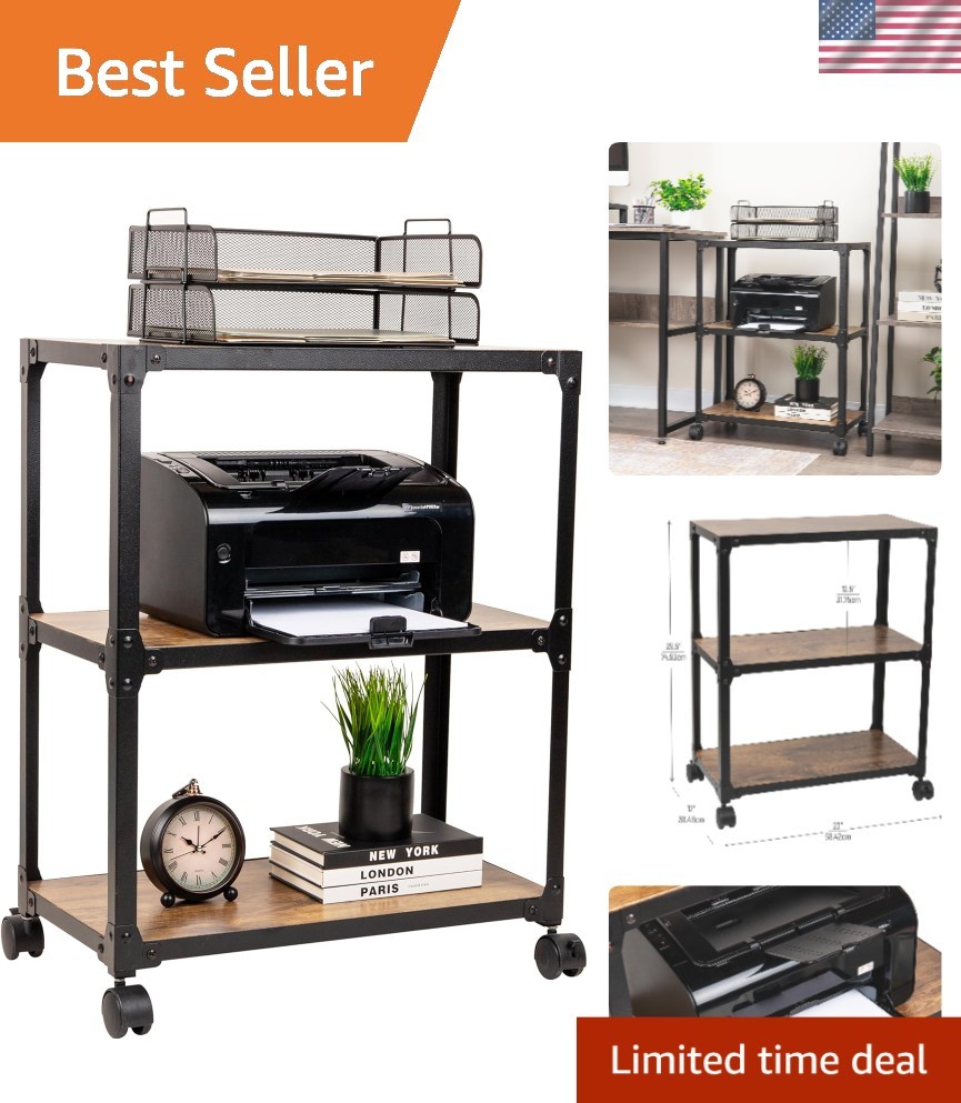 Compact Mobile Office Cart with Locking Casters - Durable 3-Tier Organizer