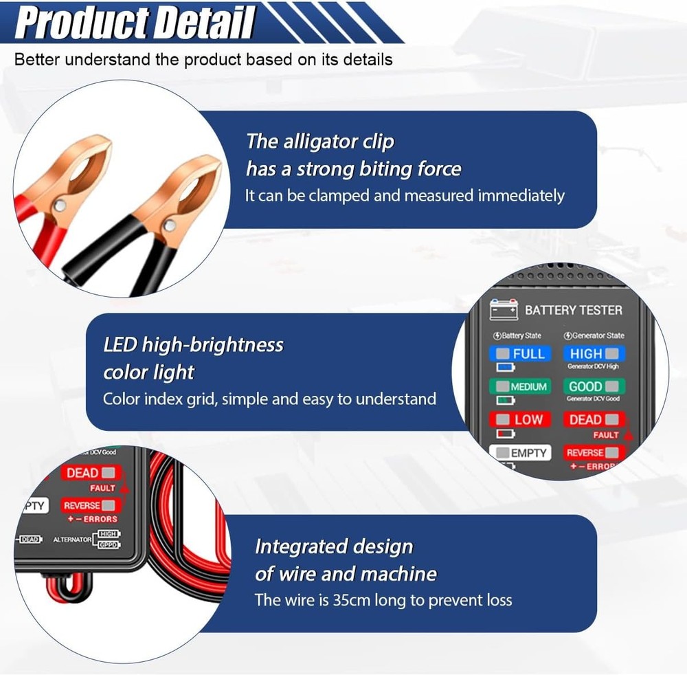 12V Car Battery Tester LCD Screen & Indication Universal Voltmeter & Alternator