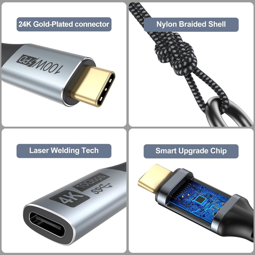 Small USB C Extension Cable 1FT, Short USBC Extender Cord (10Gbps) Grey