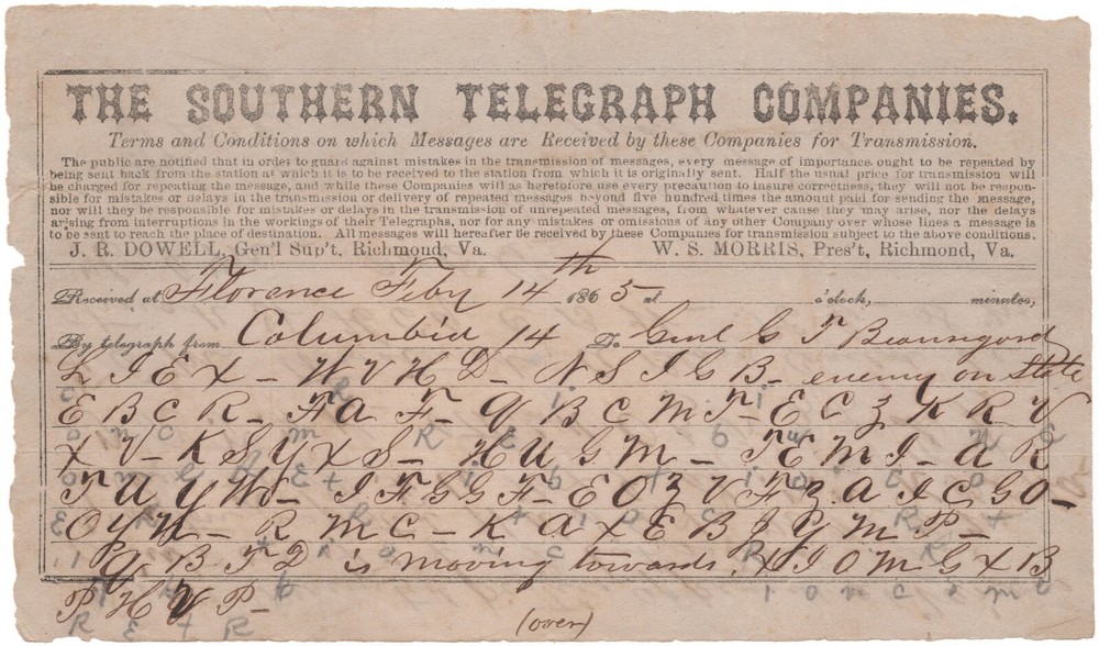 Coded Telegraph from Wade Hampton, Reports on WT Sherman Before Fall of Columbia