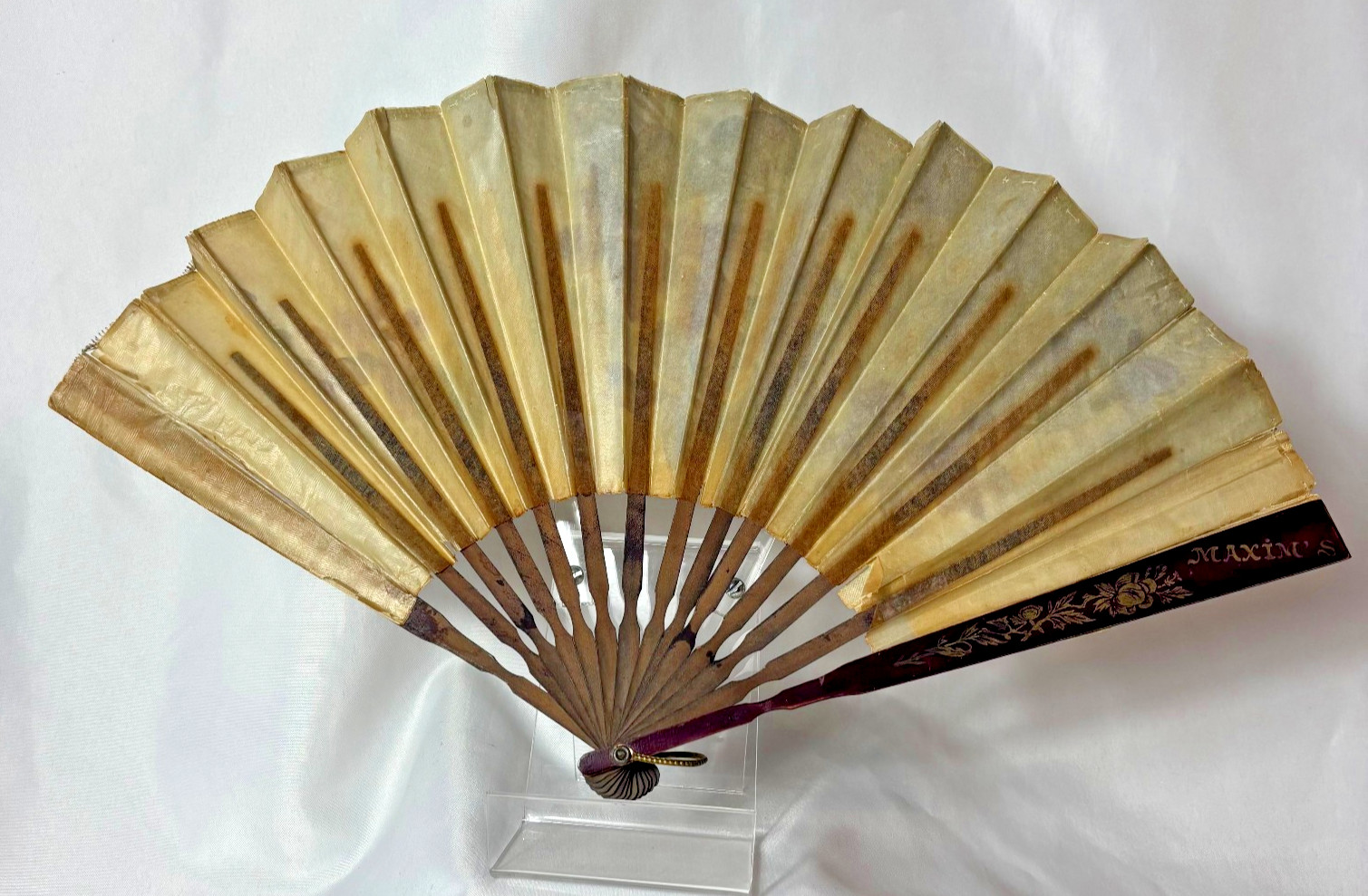 Maxim's France vintage linen folding fan purple pansy sequins