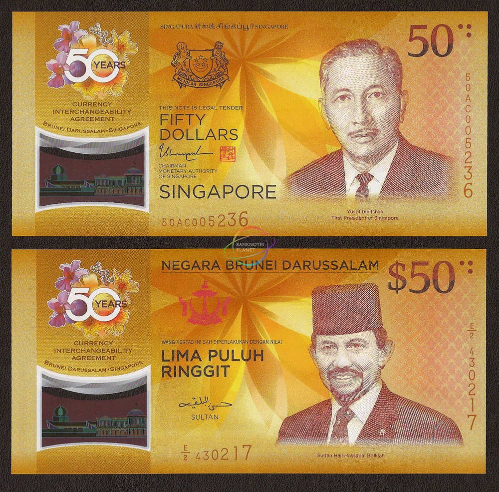 SINGAPORE BRUNEI 50 Dollars Ringgit SET 2 PCS COMM 2017 POLYMER P-38 62 UNC