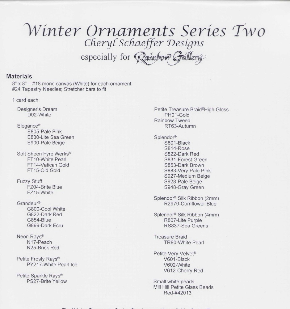 Needlepoint Pattern Winter Ornaments #2 w/ Threads & 18 mesh C. Schaeffer