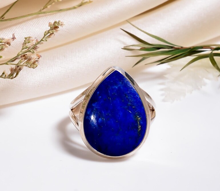 Solid 925 Sterling Silver Natural Lapis Lazuli Deep Blue Teardrop Gemstone Ring