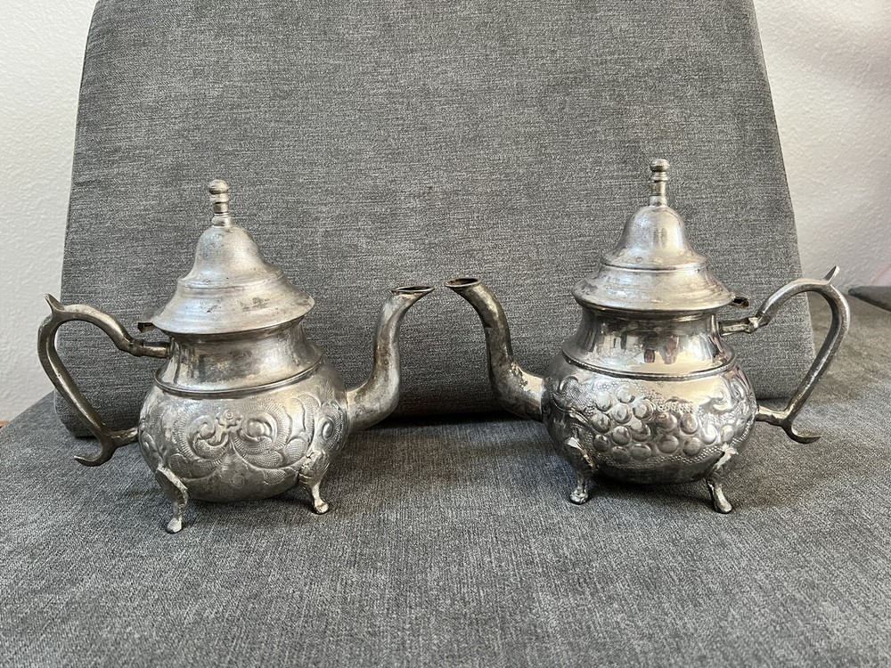 2 Decorative MOROCCAN Hand Made Silverplate Footed Ornate Tea pot Stamped Kettle