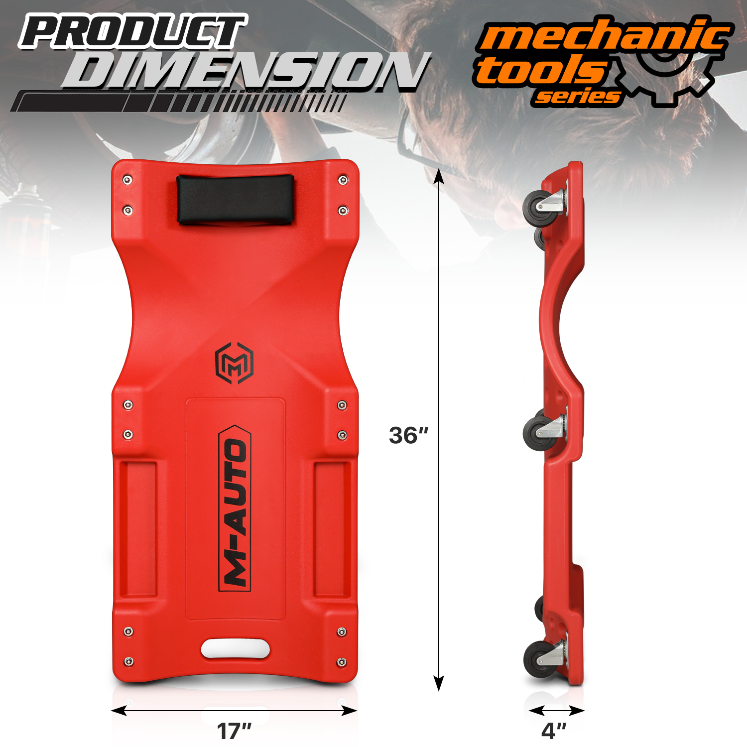 36" Red Rolling Low Profile Creeper Automotive Garage Repair w/Papped Head Rest