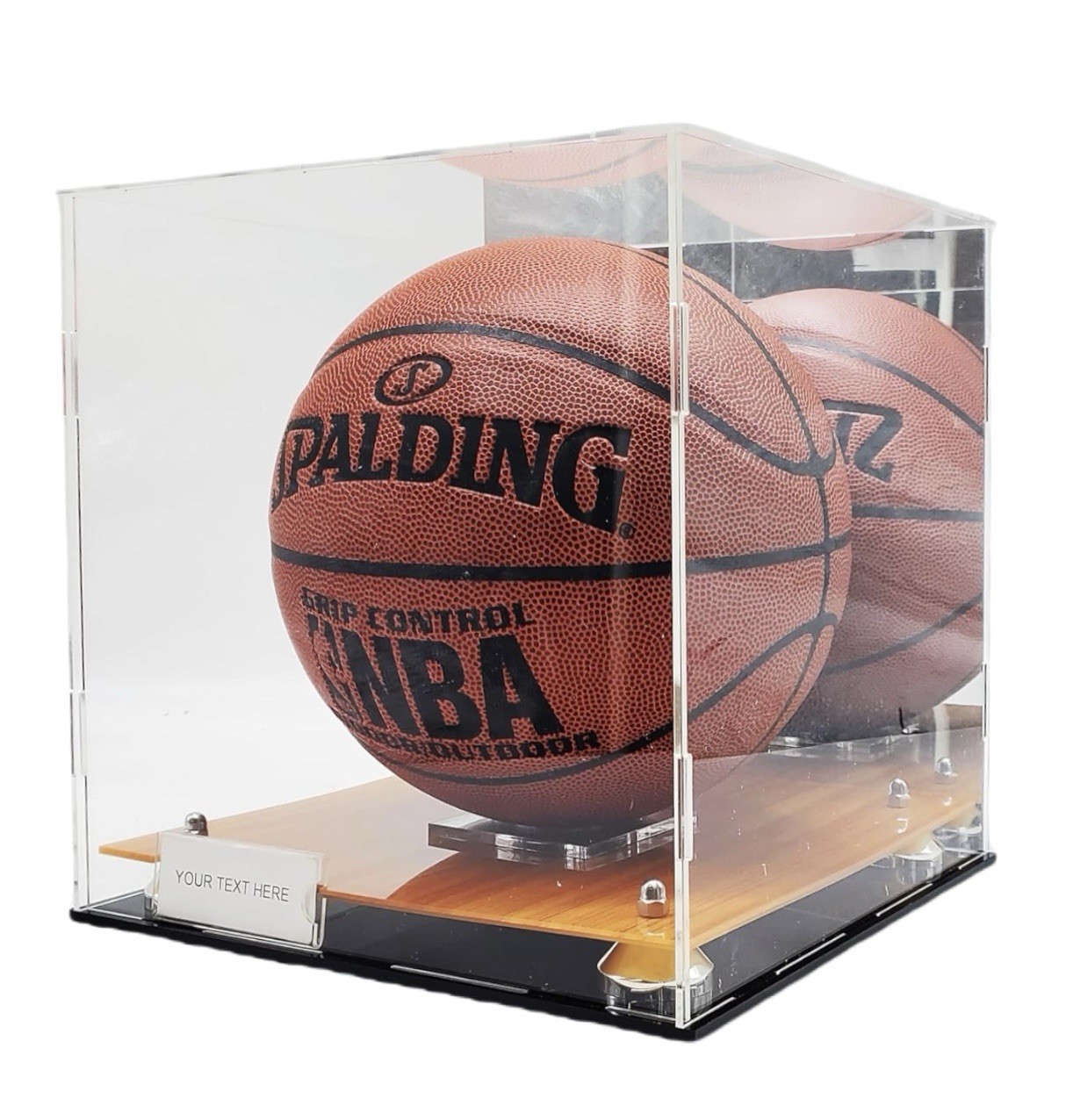 Full Size Basketball Display Case with Acrylic Wooden Court Base and Mirror Back