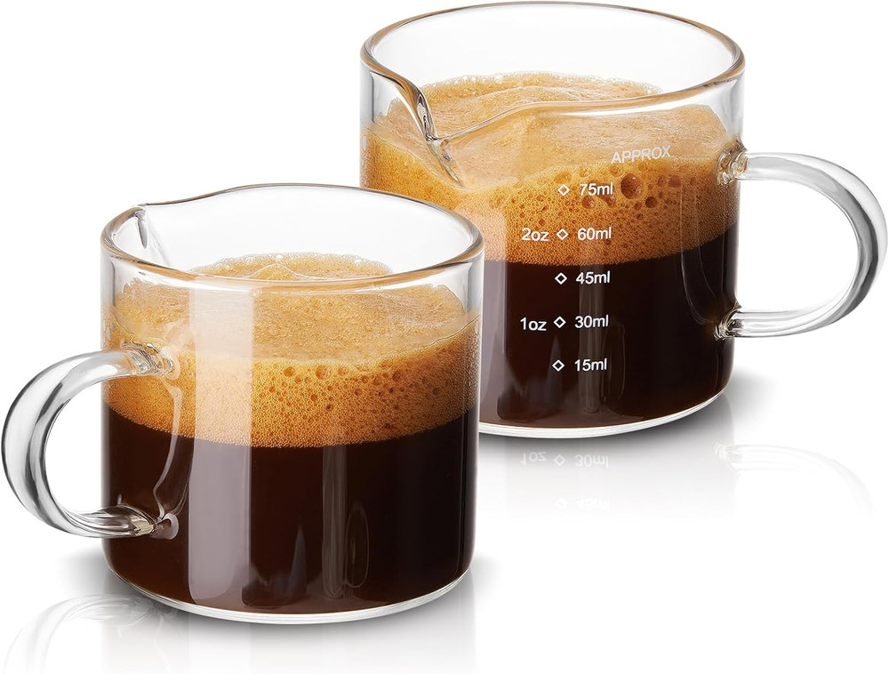 2 Pack Measuring Cups, 75ML Espresso Cups with Handle, Espresso Shot Glasses wit
