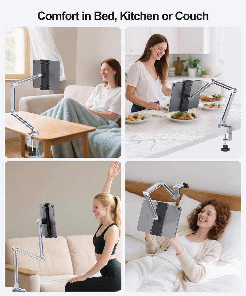 YICOSUN Tablet Arm Mount with Super Grip, Adjustable Foldable Holder & Silver