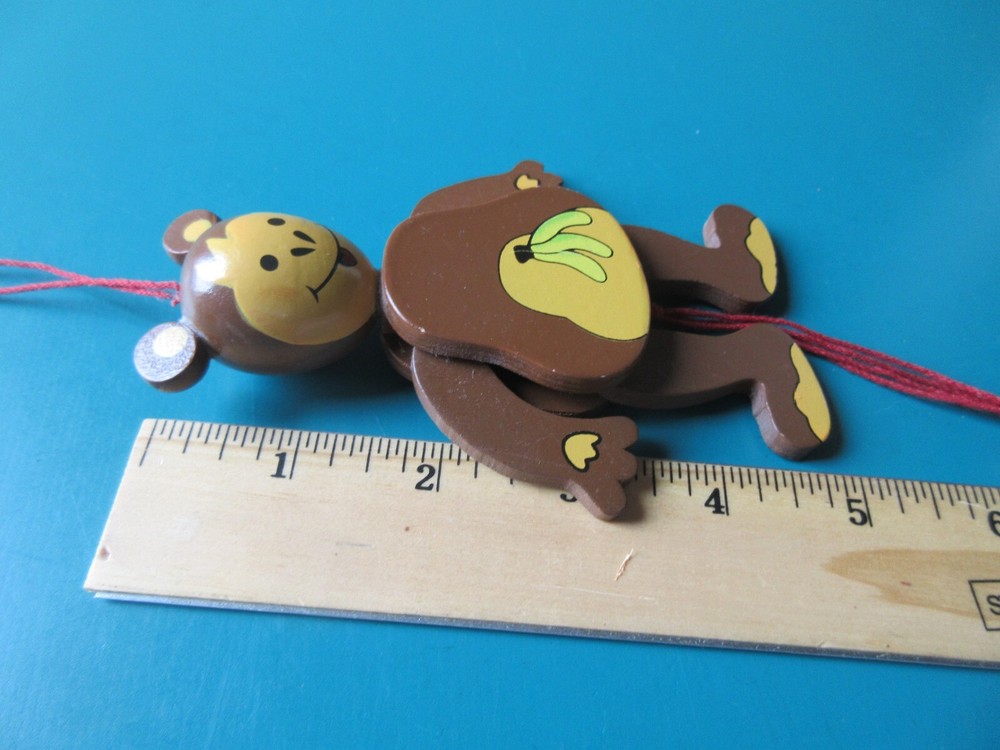 Vtg 1970s MONKEY Wooden German Jumping Jack Puppet Kids Toy Pull String Painted