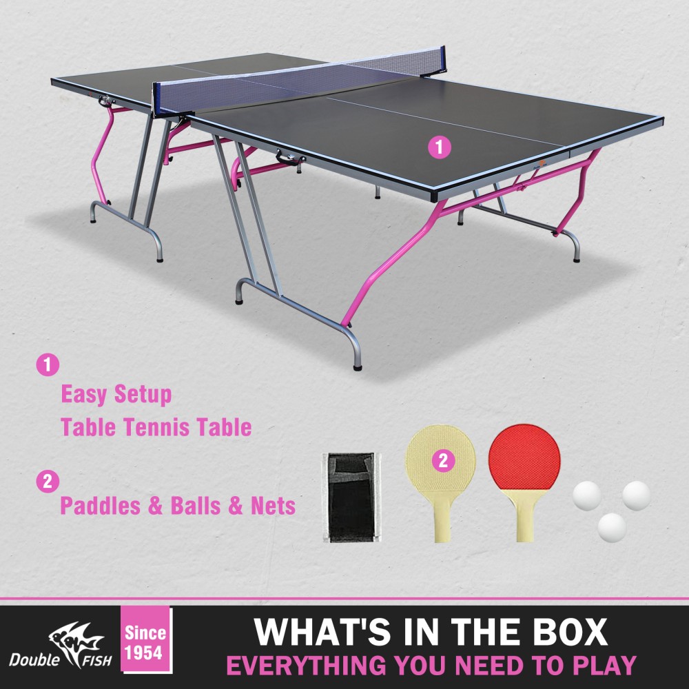 Table Tennis Table, 8×4 Ft Foldable & Portable Ping Pong Table Set Pink+Black