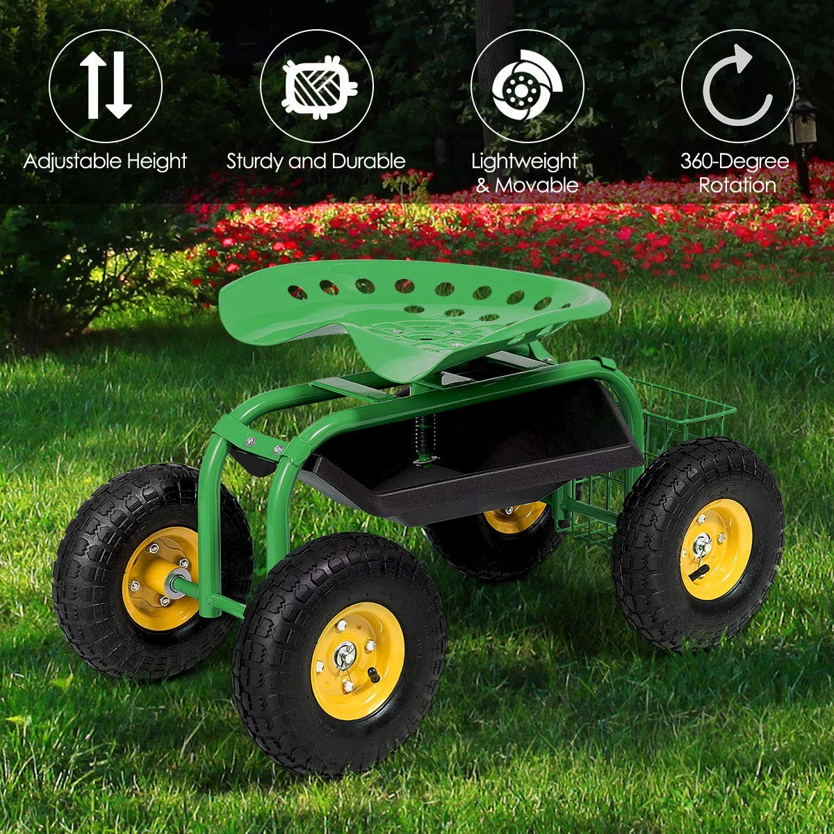 Garden Cart with Seat Heavy Duty Adjustable Seat and 10in Wheels