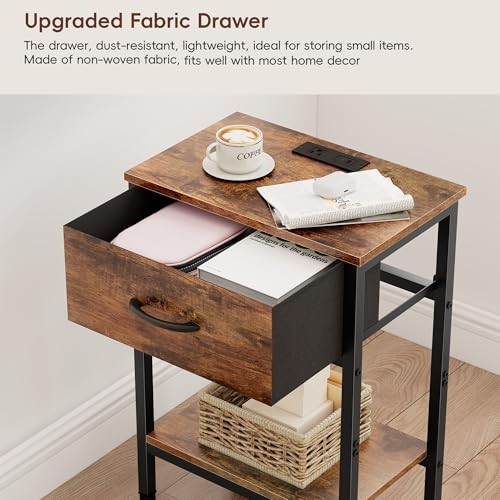 Nightstand with Charging Station, End Table with Fabric Rustic Brown (1 Pack)