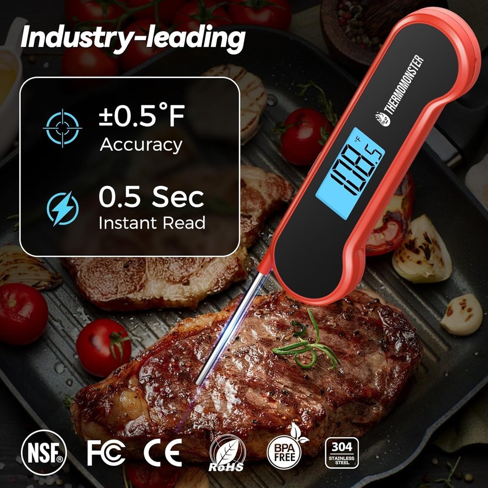 Digital Meat Thermometer - Instant Read, ±0.5℉ Precision, Red Cooking Tool