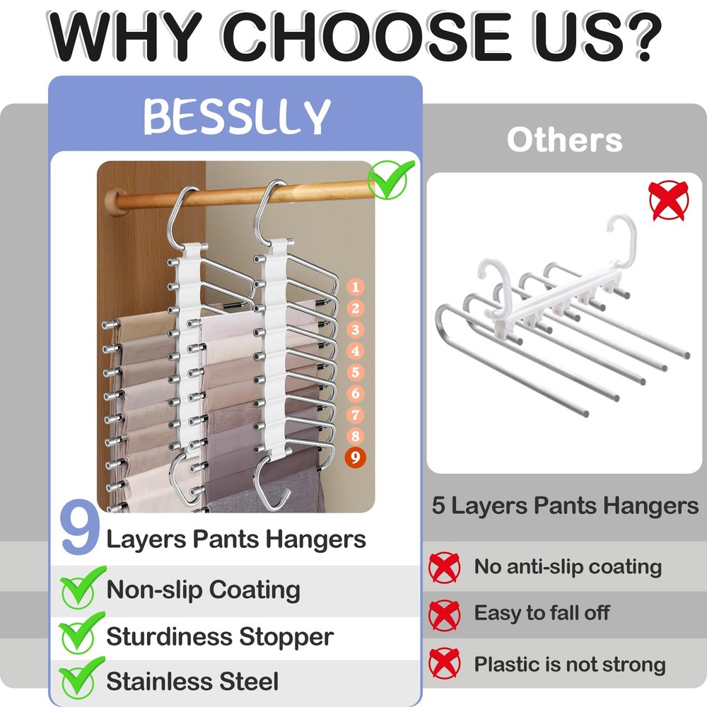 Upgrade 9 Layers Pants Hangers Space Saving, 2 Pack 2 Pack, Creamy White