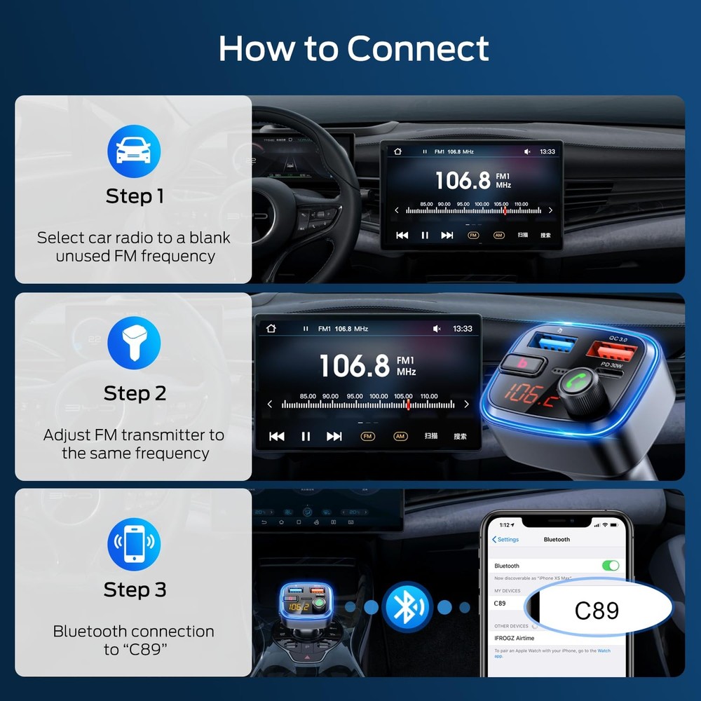 Adaptador Bluetooth 5.4 para coche, transmisor FM inalámbrico de carga rápida