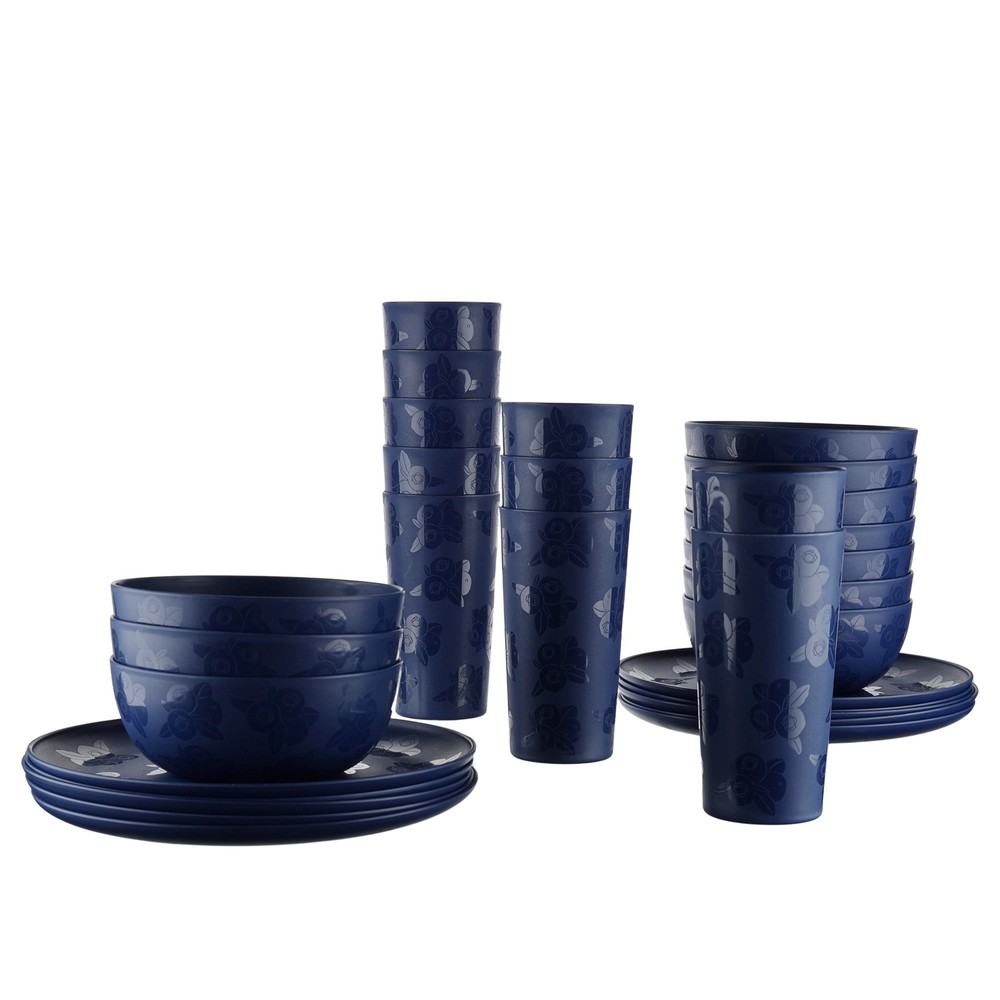 30-Piece Plastic Etched Blueberry Pattern Dinnerware Bundle Set Navy Blue