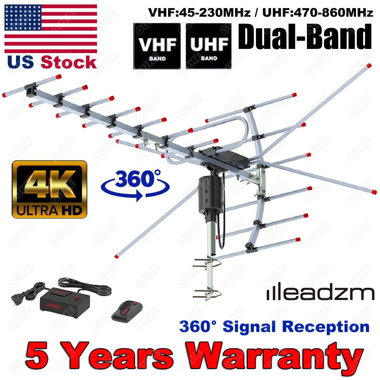 990 Miles Amplified Outdoor TV Antenna Motorized V/UHF HDTV 1080P 4K 360° Rotate