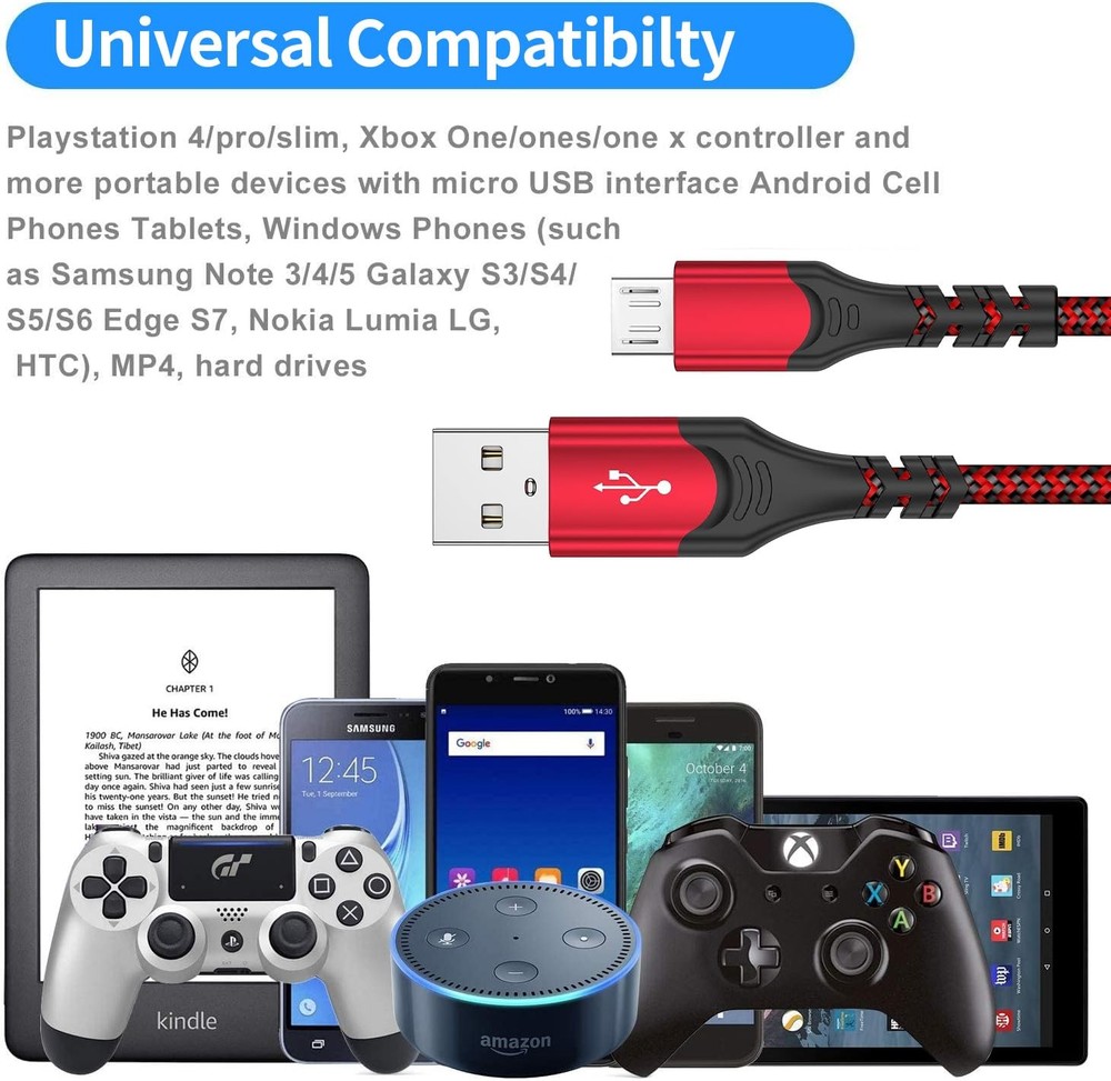 KOOWOD PS4 Controller Charger Charging Cable – 2 Pack 10 feet, Gray and Red