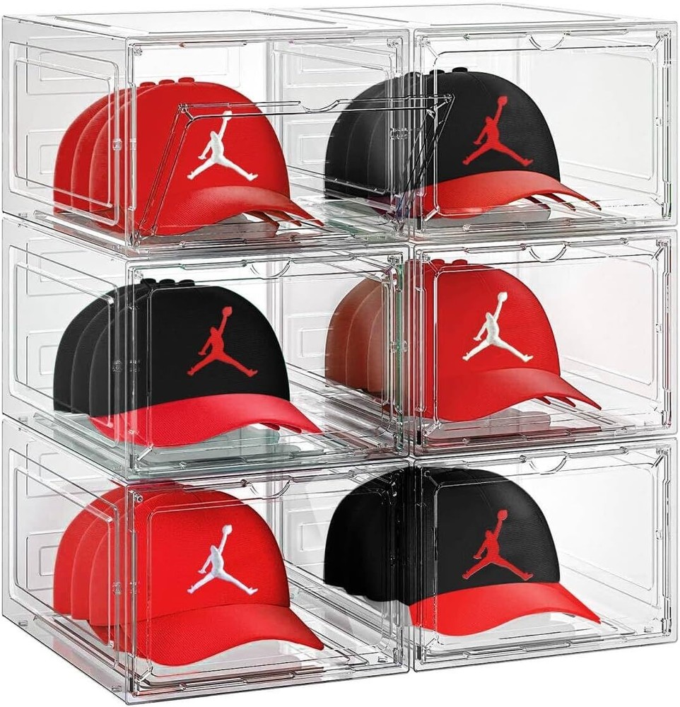 6 Pack Hat Organizer Box Stackable Clear Baseball Caps Holder Box Container NEW