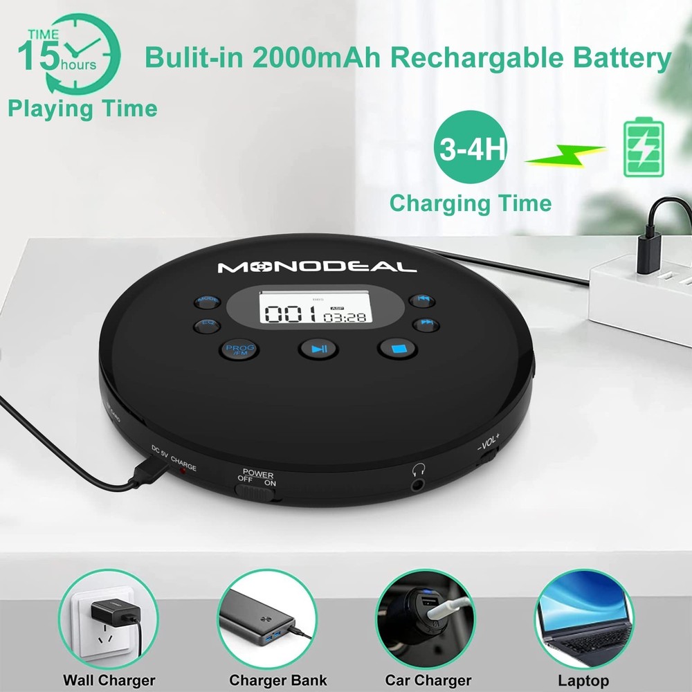 MONODEAL CD Player Portable, Portable CD Player with FM Transmitter, Recharge...