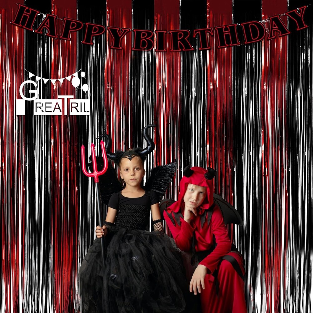 Black Red Party Streamers Backdrop - GREATRIL Foil Extra Large,