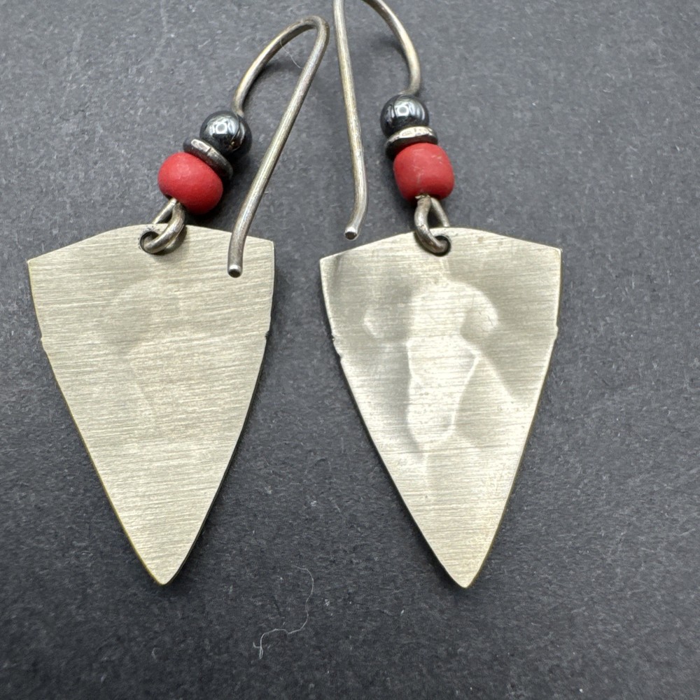 Native Inspired Dangle Drop 1.5” Earrings Silver Tone Red