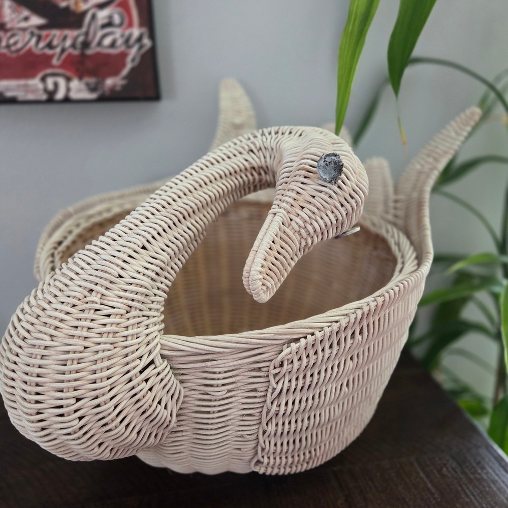 Vintage Swan Wicker Rattan Basket White Boho Decor Medium Planter