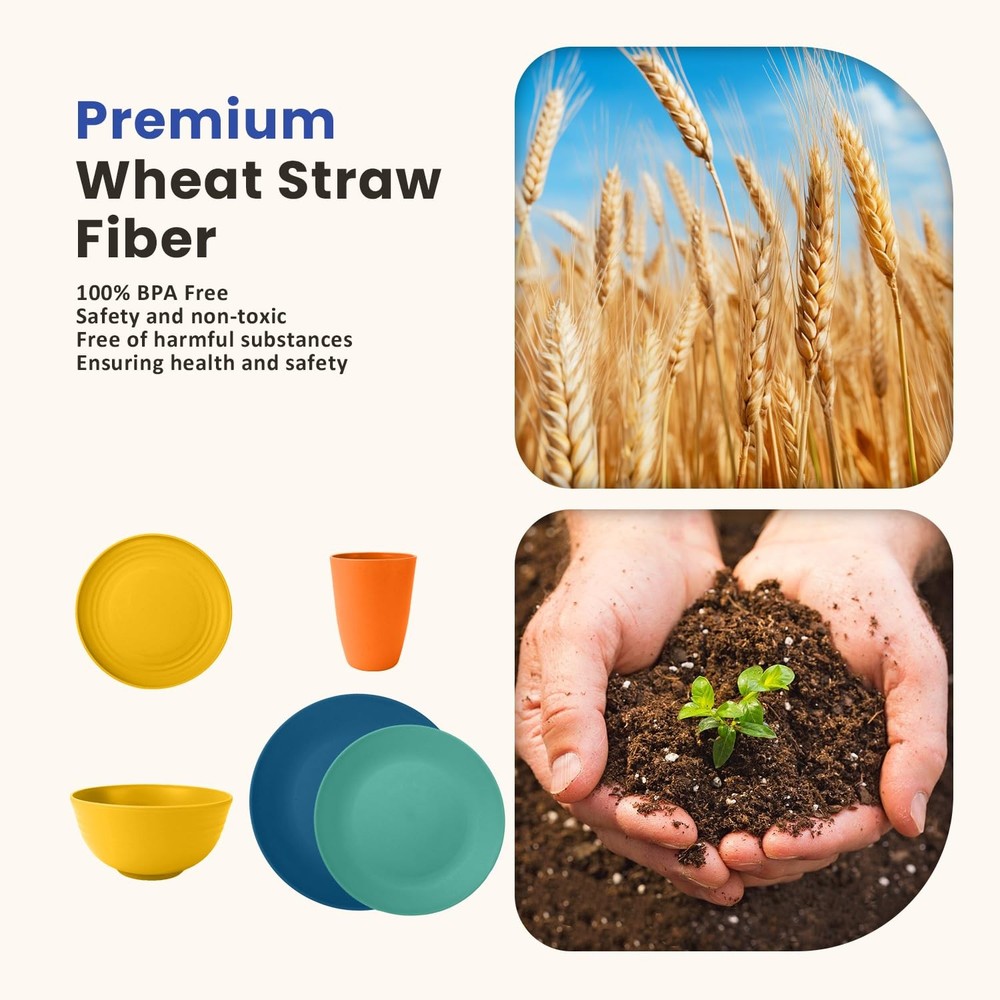 40-Piece Premium Wheat Straw Dinnerware Sets, for 8, Unbreakable Plates and B...