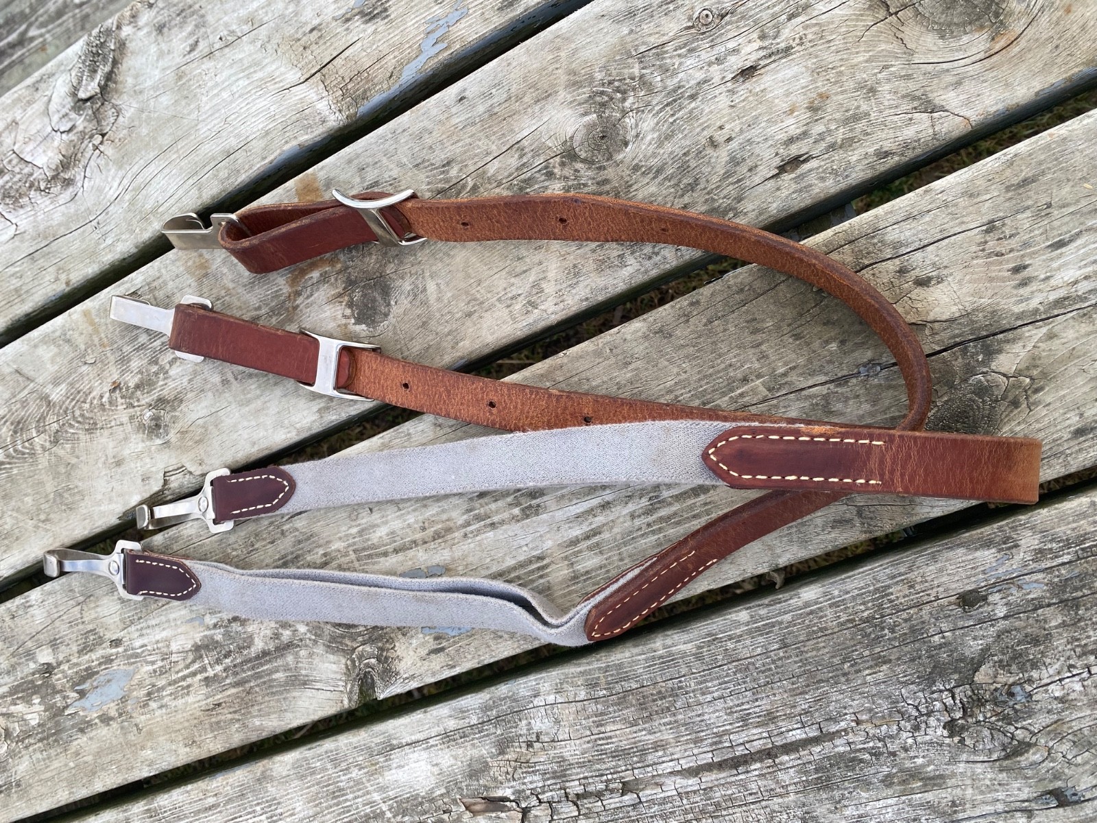 Lightly used Schutz Bros leather & elastic side reins horse training aid US made