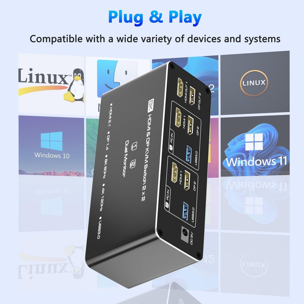 KVM Switch 2 Monitors 2 Computers, 8K60Hz KVM Switch HDMI Extended Display, 4...