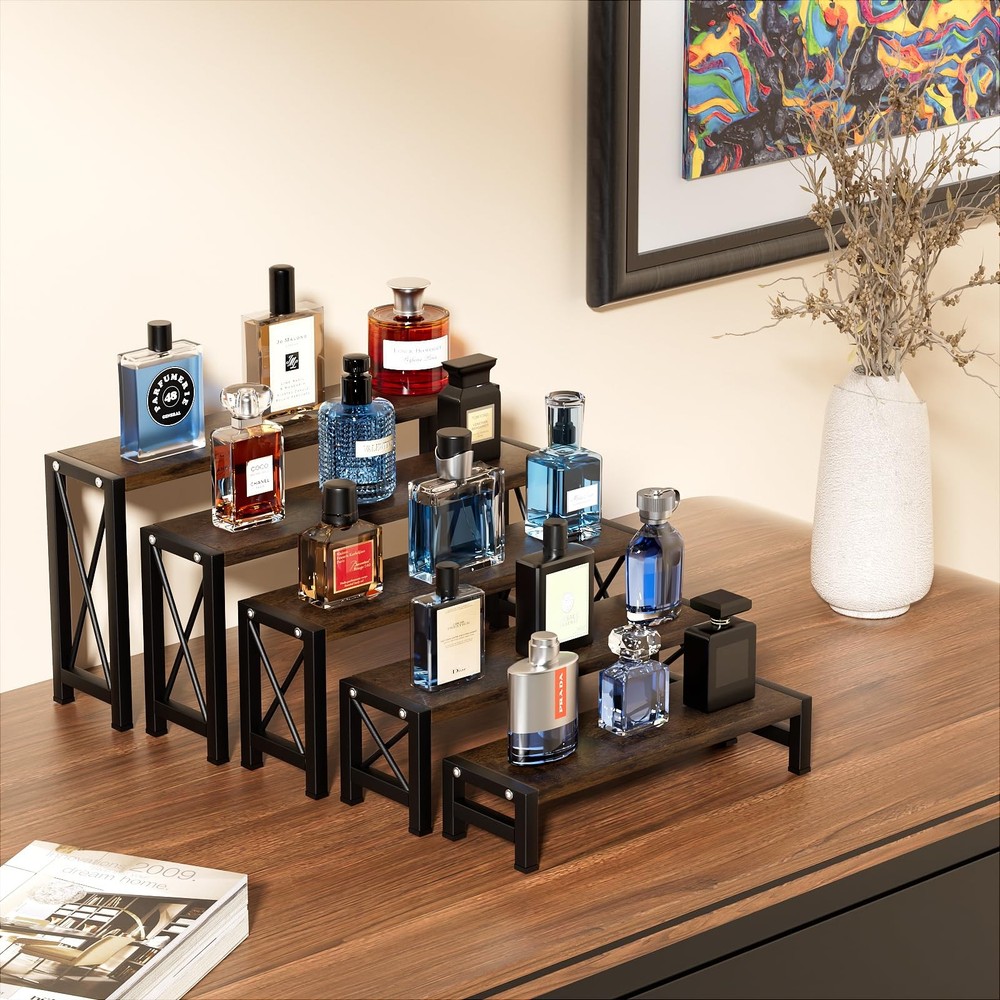 Stackable Wooden Cologne Organizer for Men, 5-Tier Tray Risers Display Makeup...