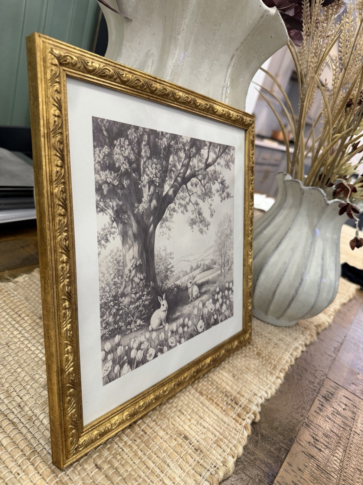 Bunnies in Nature Framed Easter Artwork, Black and White, 12" x 12", by My Texas