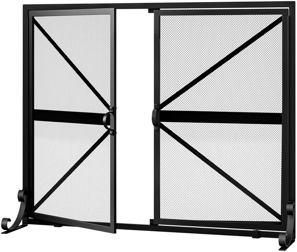Fireplace Screen with Doors, 2-Pannel Handcrafted Solid Wrought Iron Decorative