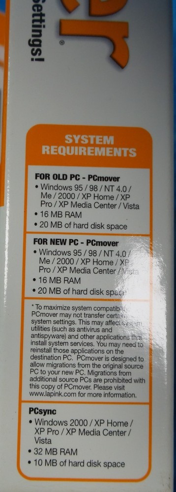 Laplink PC Mover Software Moving Kit Edition, Windows 95,98, XP & Vista - NEW