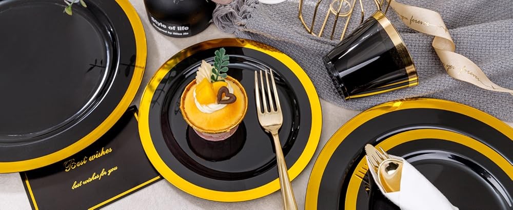 Bla and Gold Plastic Plates - Gold Disposable Dinnerware Sets for