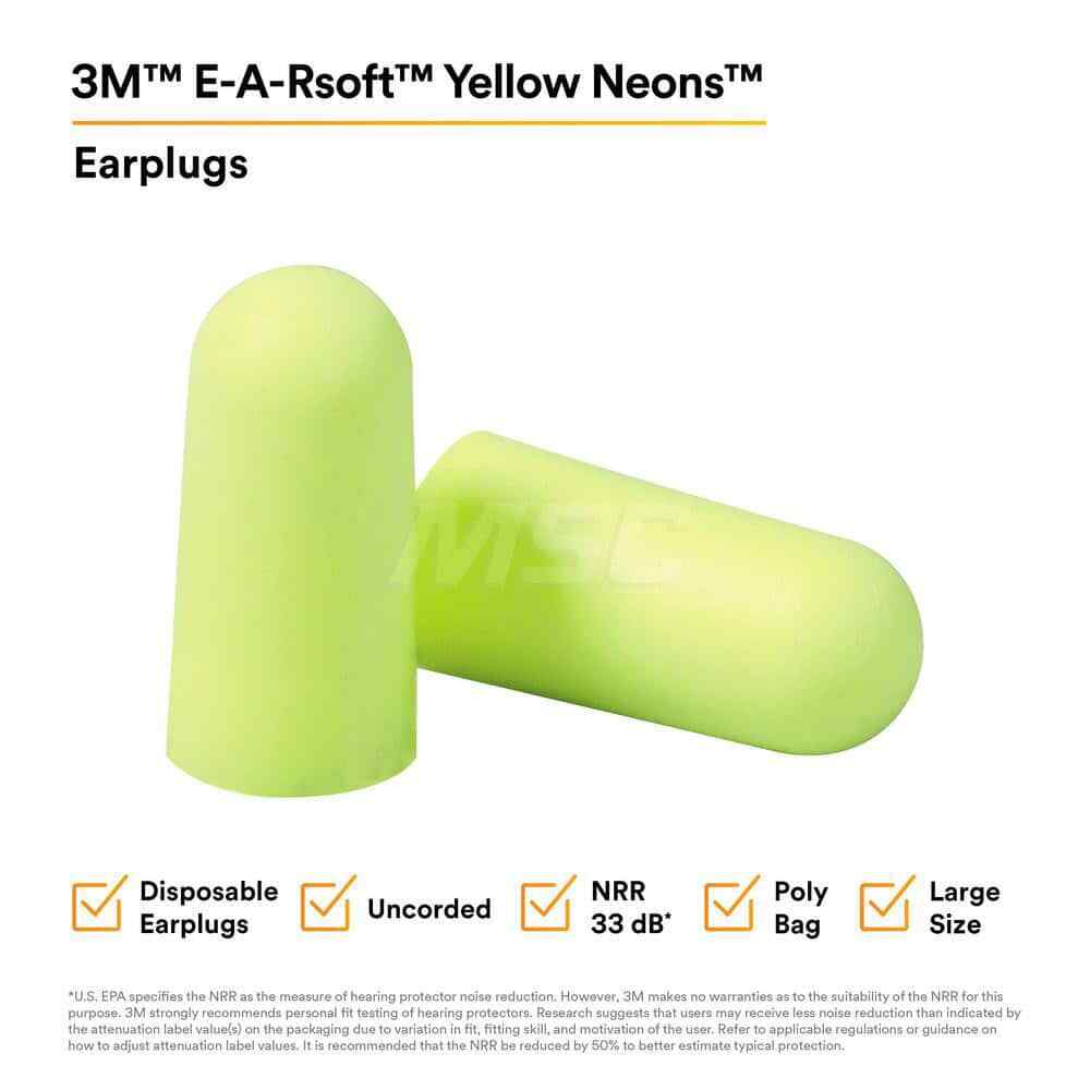 E-A-Rsoft Disposable 33dB Earplug, Large Size, Neon Yellow Uncorded, 200 Pairs